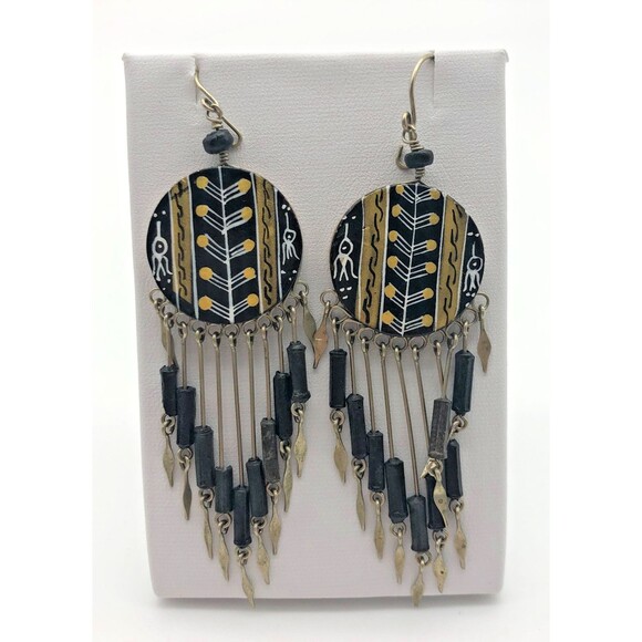 Source Unknown Jewelry - Southwestern Tribal Native American Shield Dangle Drop Earrings Beaded Fringe 3"